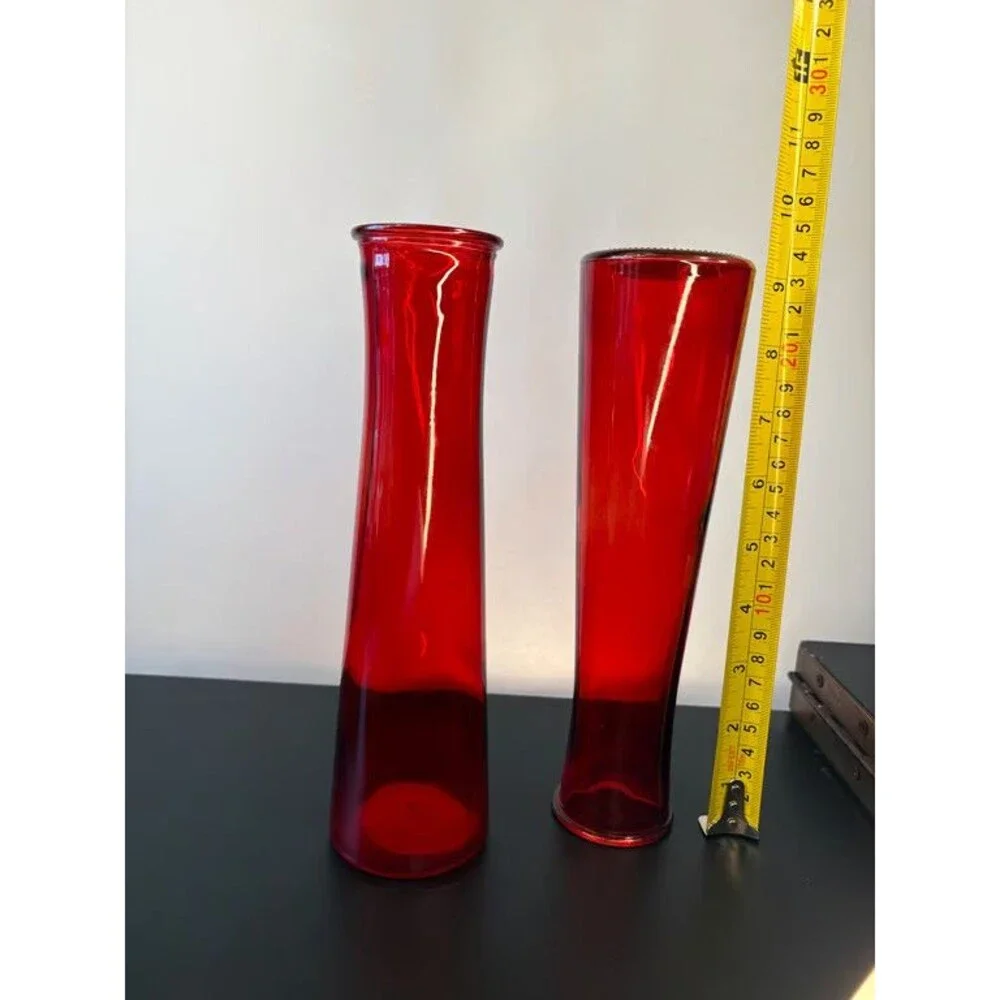 Pair Ruby Red Glass Bud Vases Tapered Cylinder 9 Inch Deep Red Tall Set